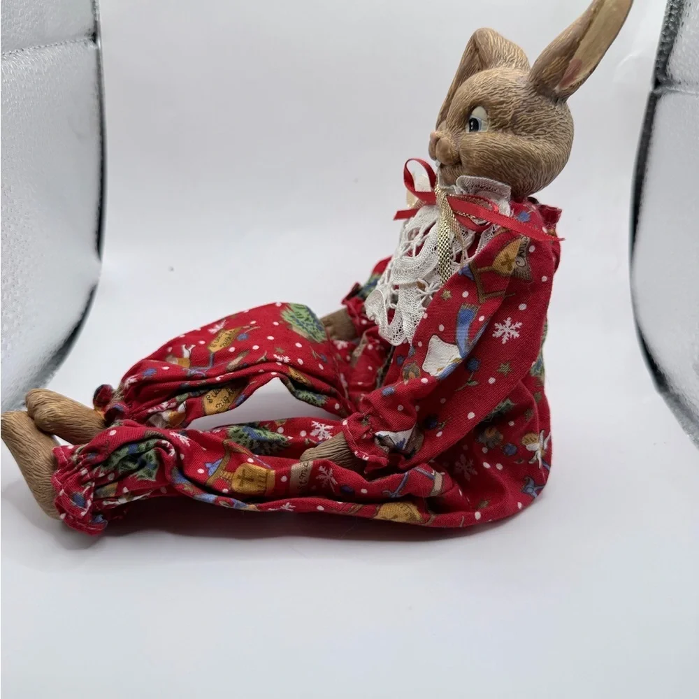 Christmas Bunny Shelve Sitter Ceramic Figurine with Lace Bow Cottage Core Decor